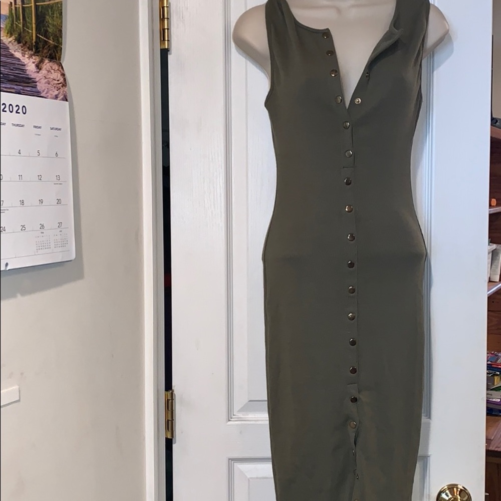 Olive green button down ribbed Midi Dress
